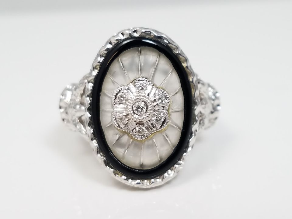 Stunning 14k White Gold Frosted Crystal Natural Onyx Diamond Custom Ring