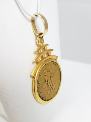 Detailed Ancient Bronze Coin With 18k Yellow Gold Pendant Mount