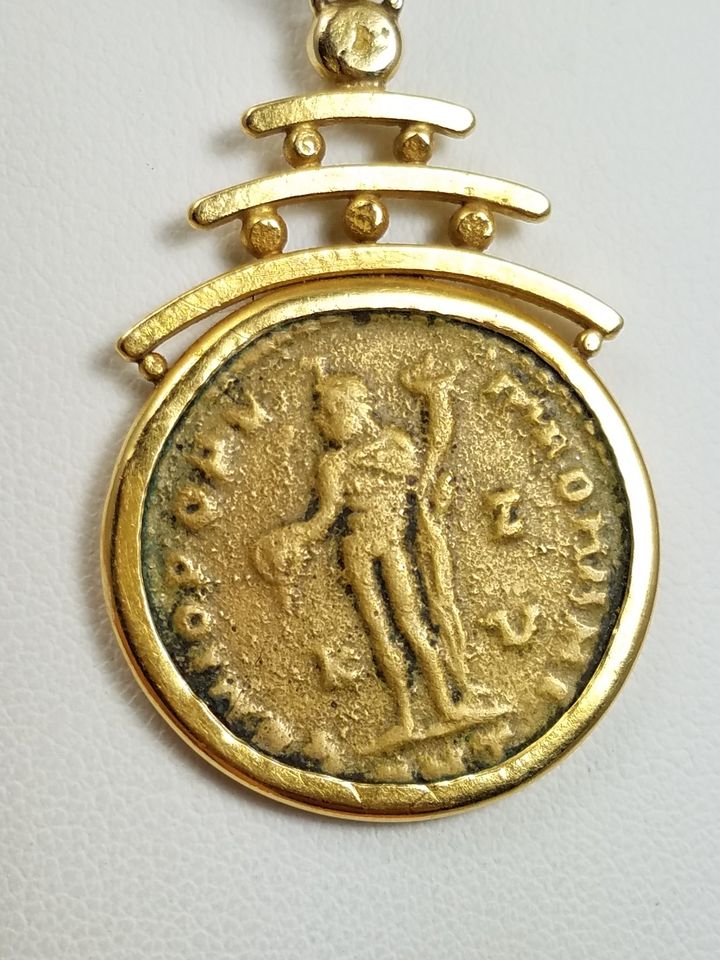 Detailed Ancient Bronze Coin With 18k Yellow Gold Pendant Mount