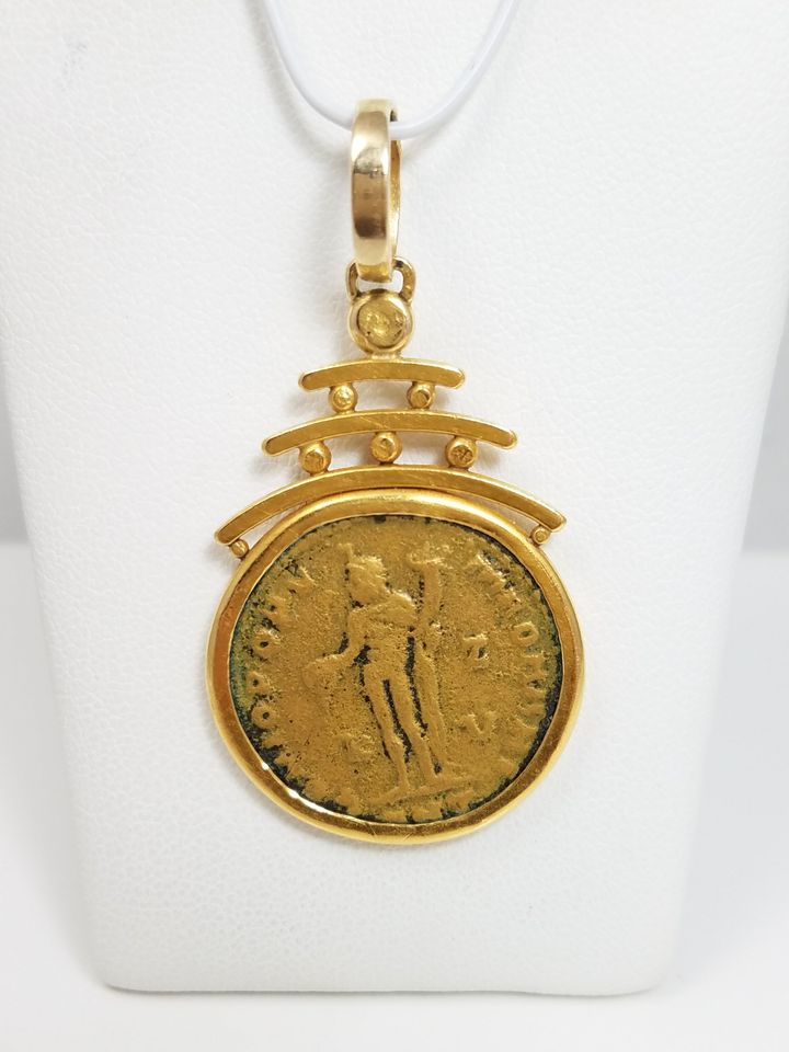 Detailed Ancient Bronze Coin With 18k Yellow Gold Pendant Mount