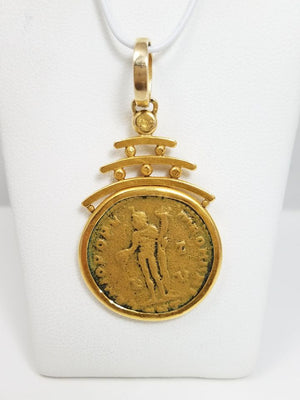 Detailed Ancient Bronze Coin With 18k Yellow Gold Pendant Mount