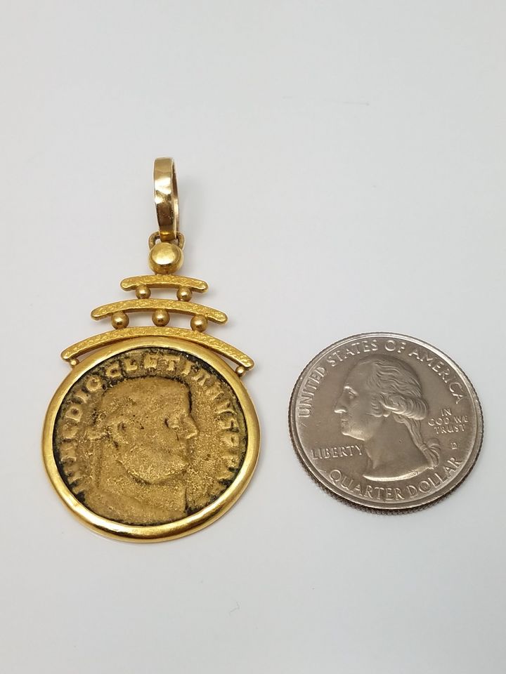 Detailed Ancient Bronze Coin With 18k Yellow Gold Pendant Mount