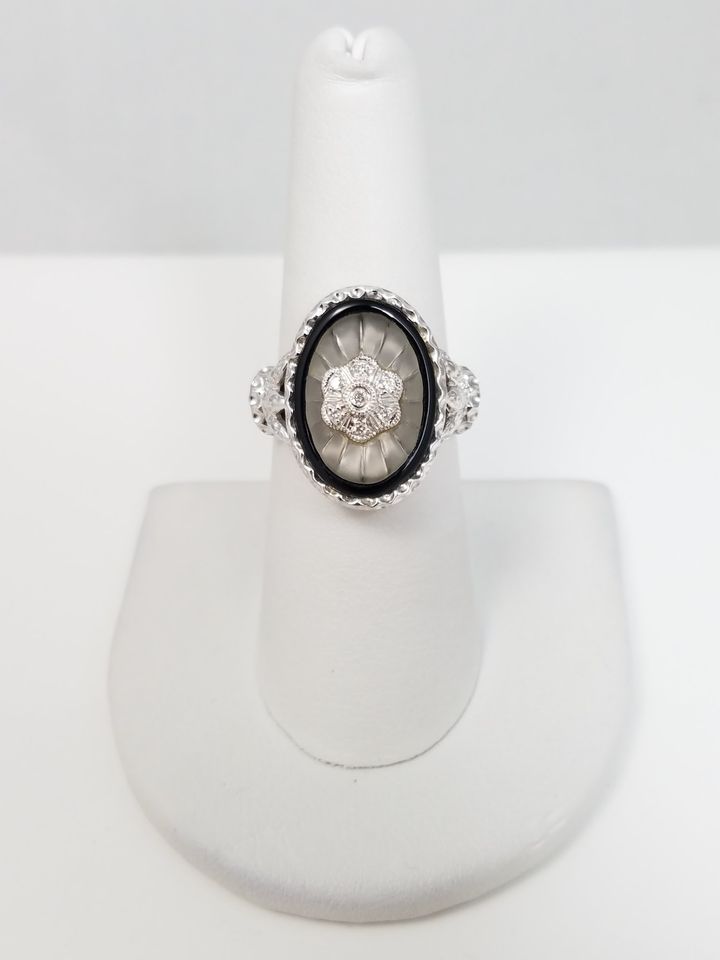 Stunning 14k White Gold Frosted Crystal Natural Onyx Diamond Custom Ring