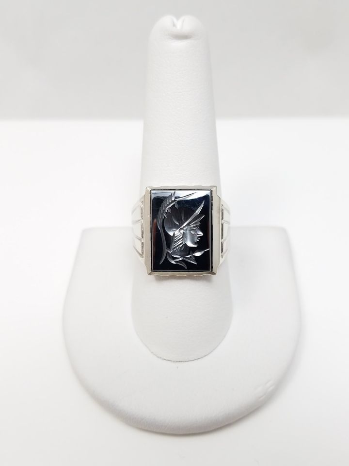 Cool Vintage 10k White Gold Hematite Intaglio Ring