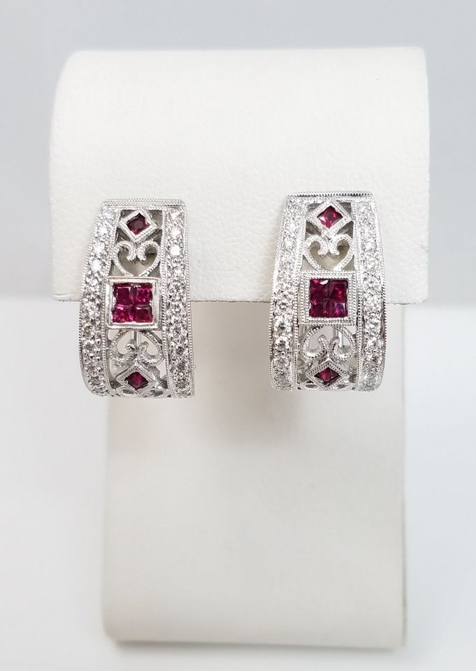 Elegant 14k White Gold Ruby Diamond Huggie Earrings