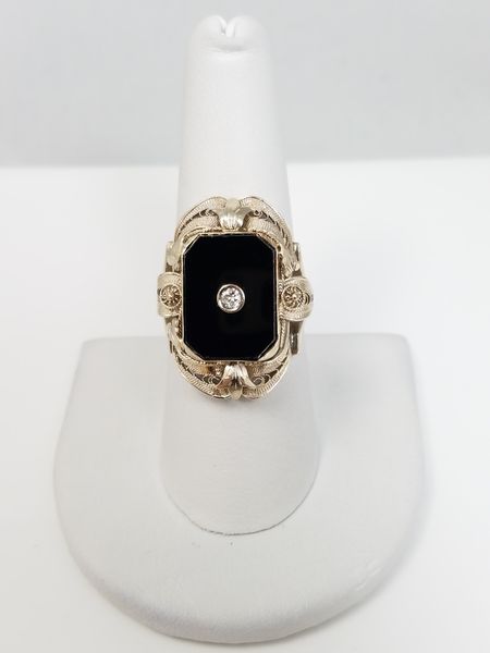 Grand 1930's 14k White Gold Natural Onyx Diamond Filigree Ring