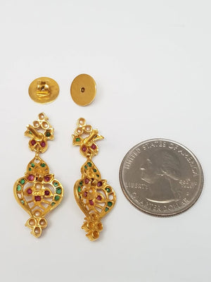 Ornate 22k Yellow Gold Emerald Ruby Dangle Earrings