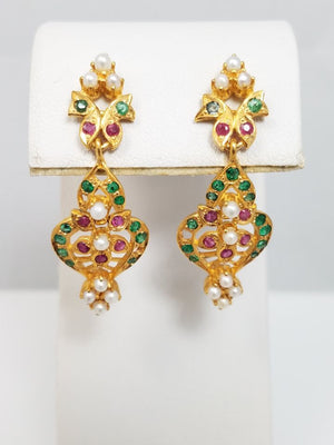 Ornate 22k Yellow Gold Emerald Ruby Dangle Earrings