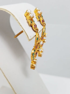 Ornate 22k Yellow Gold Emerald Ruby Dangle Earrings