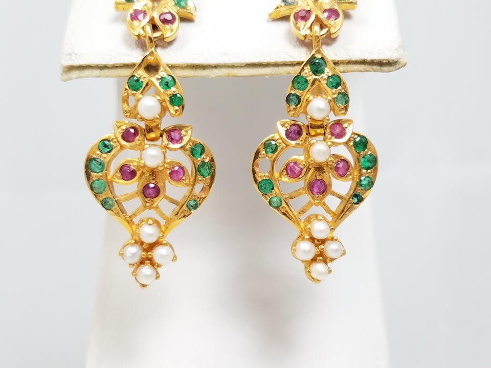 Ornate 22k Yellow Gold Emerald Ruby Dangle Earrings