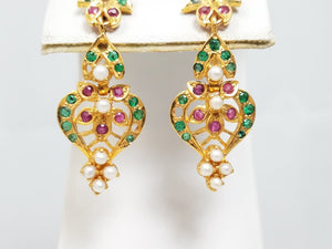 Ornate 22k Yellow Gold Emerald Ruby Dangle Earrings