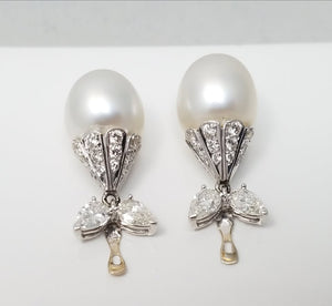 Magnificent 14k White Gold South Sea Pearl Natural Diamond Dangle Earring Jackets