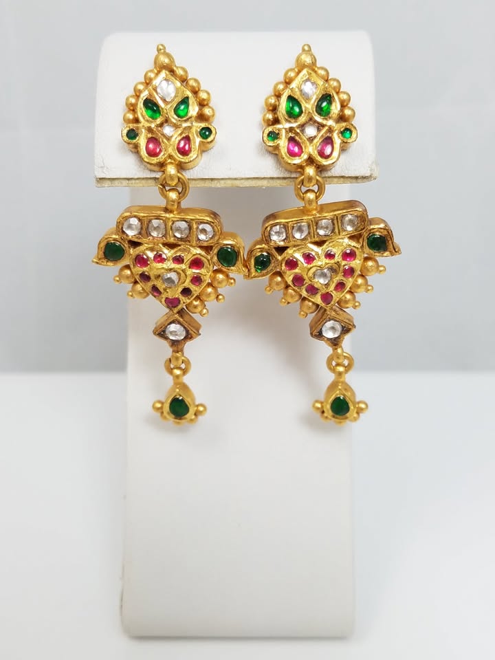 Glamorous 22k Yellow Gold Enamel White Sapphire Dangle Earrings