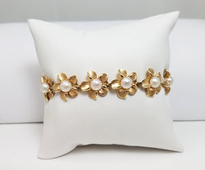 Designer 14K Yellow Gold Pearl Plumeria Flower 7" Bracelet