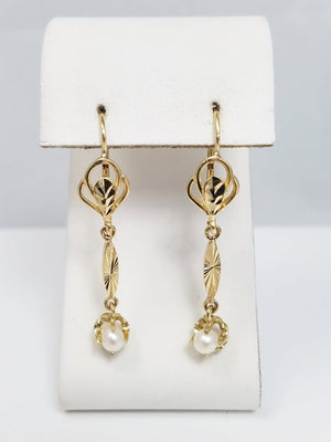 Fancy 10k Yellow Gold Cultured Dangle Earrings