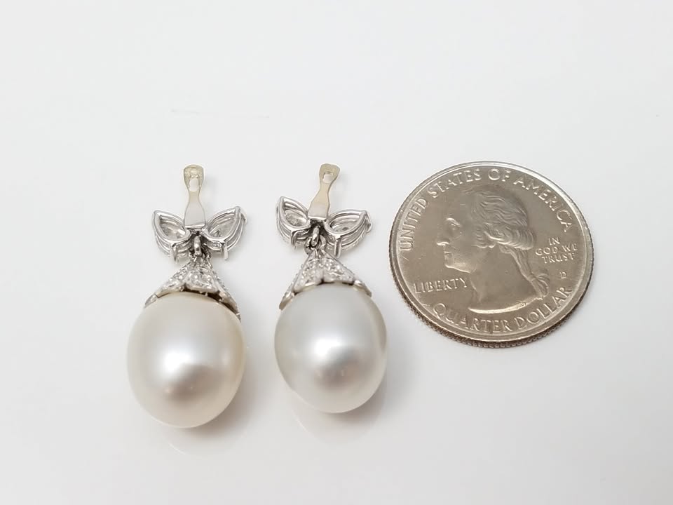 Magnificent 14k White Gold South Sea Pearl Natural Diamond Dangle Earring Jackets