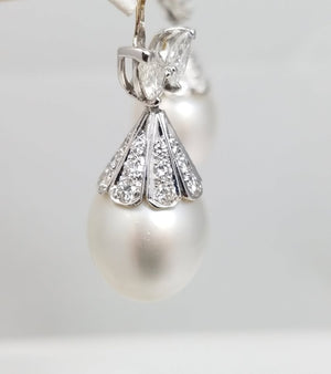 Magnificent 14k White Gold South Sea Pearl Natural Diamond Dangle Earring Jackets