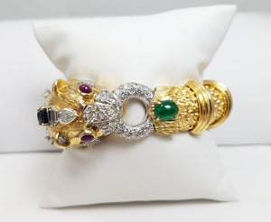 Priceless 18k Yellow Gold Natural Ruby Sapphire Emerald Diamond Dragon Bangle Bracelet