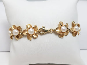 Designer 14K Yellow Gold Pearl Plumeria Flower 7" Bracelet