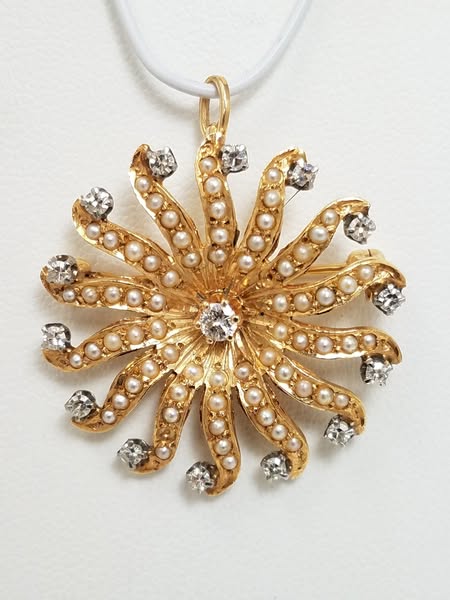 Vintage Starburst Natural Diamond + Seed Pearl 14k Gold Pendant/Brooch