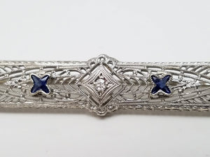 1930's Art Deco 14k White Gold Natural Diamond & Synthetic Sapphire Brooch Pin