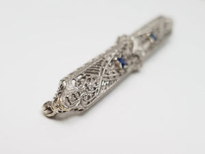 1930's Art Deco 14k White Gold Natural Diamond & Synthetic Sapphire Brooch Pin