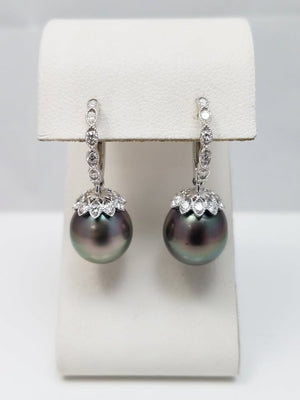 Luxurious 18k White Gold Natural Cultured South Sea Pearl Diamond Dangle Earrings