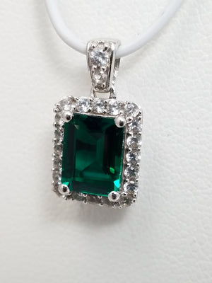 Lab Created Emerald & White Gemstone 14k White Gold Pendant