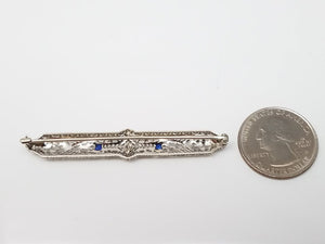 1930's Art Deco 14k White Gold Natural Diamond & Synthetic Sapphire Brooch Pin