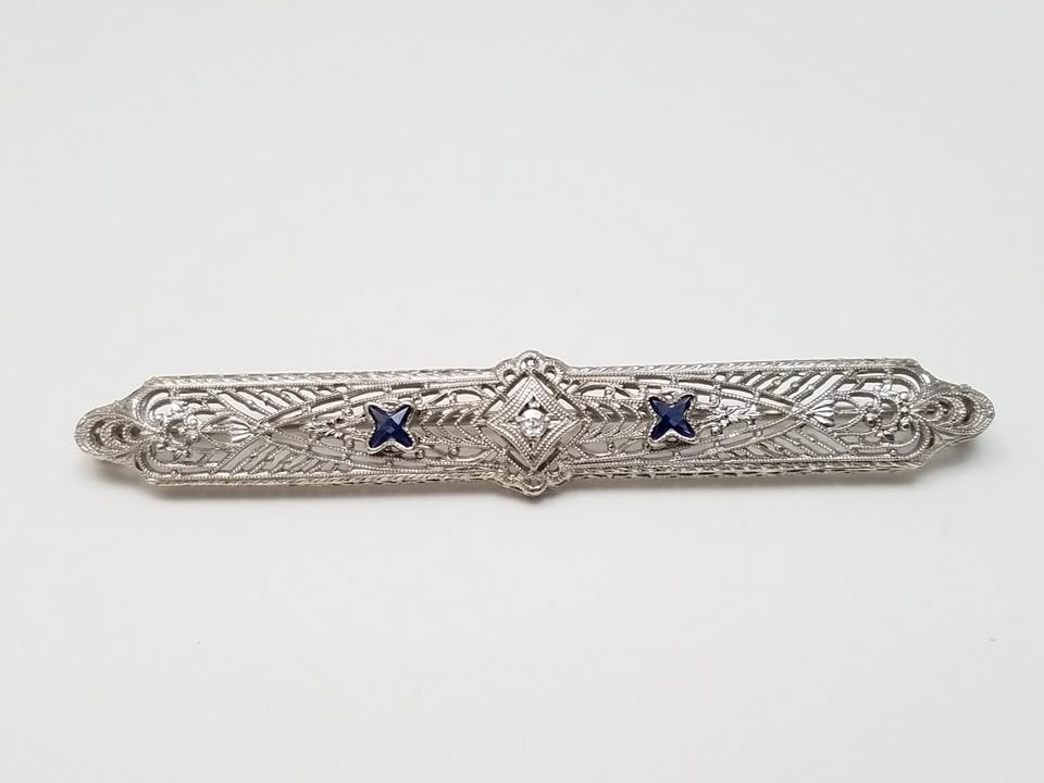 1930's Art Deco 14k White Gold Natural Diamond & Synthetic Sapphire Brooch Pin