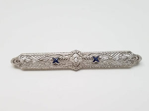 1930's Art Deco 14k White Gold Natural Diamond & Synthetic Sapphire Brooch Pin