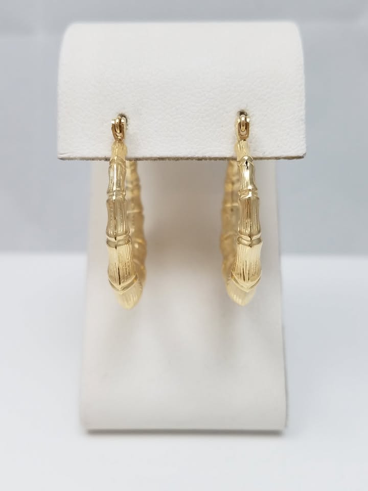 Fashionable 14k Hollow Yellow Gold Bamboo Style Hoop Earrings