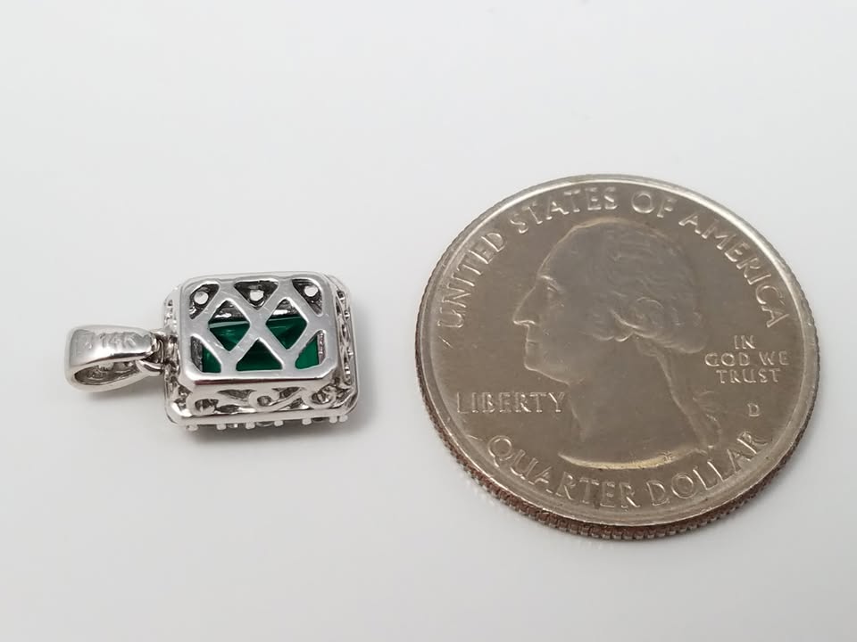 Lab Created Emerald & White Gemstone 14k White Gold Pendant