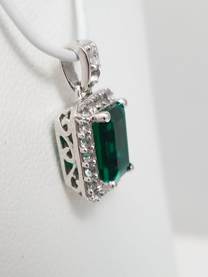 Lab Created Emerald & White Gemstone 14k White Gold Pendant