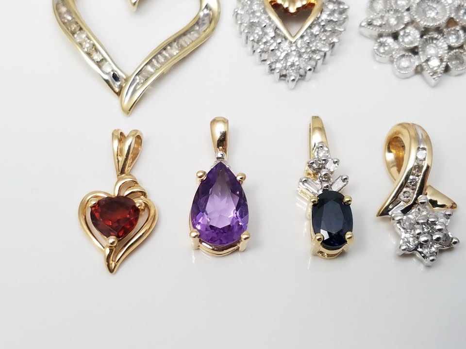 Lot of Ten 10k Gold Natural Diamond & Natural Gemstone Pendants