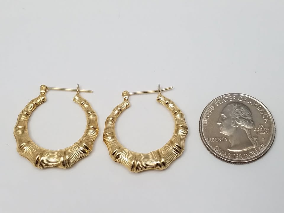 Fashionable 14k Hollow Yellow Gold Bamboo Style Hoop Earrings