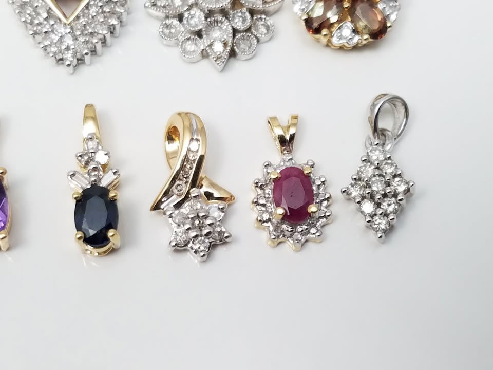 Lot of Ten 10k Gold Natural Diamond & Natural Gemstone Pendants