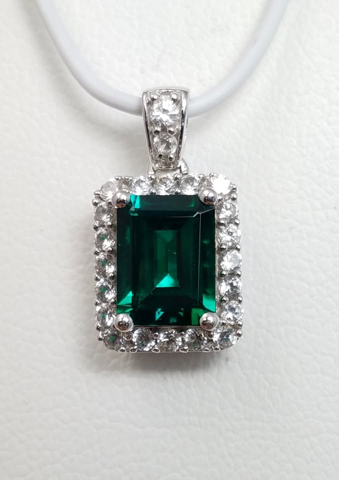 Lab Created Emerald & White Gemstone 14k White Gold Pendant