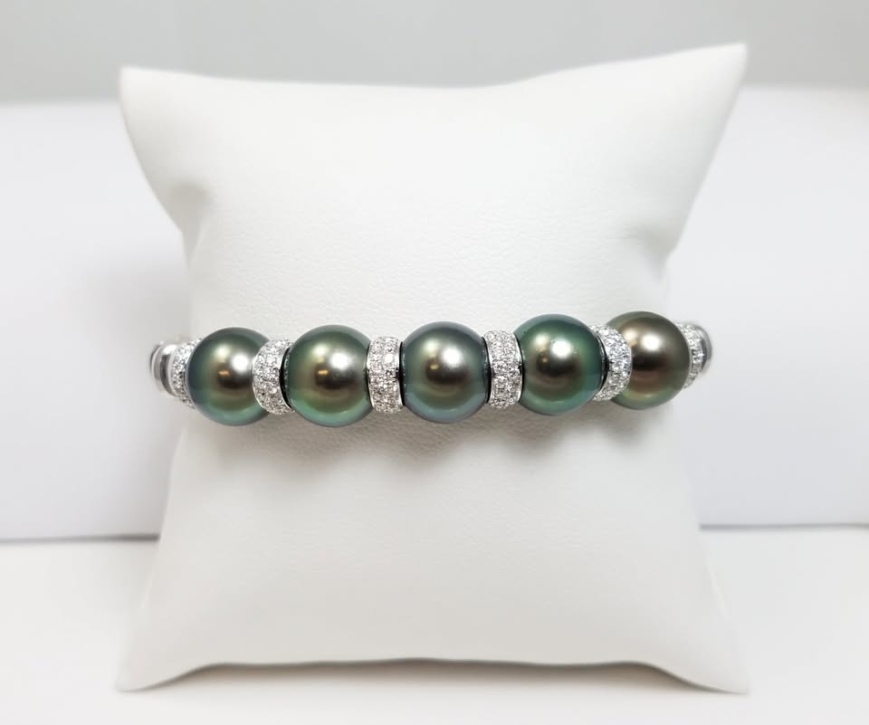 Exquisite 18k White Gold Natural Tahitian Pearl Diamond Flexible Bangle Bracelet