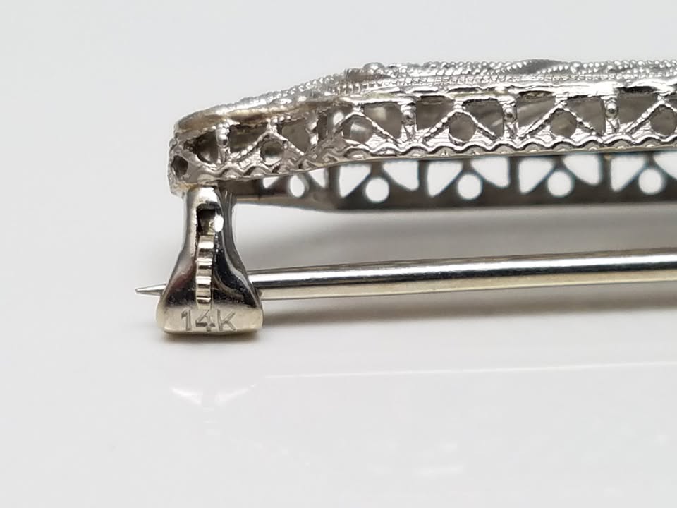 1930's Art Deco 14k White Gold Natural Diamond & Synthetic Sapphire Brooch Pin