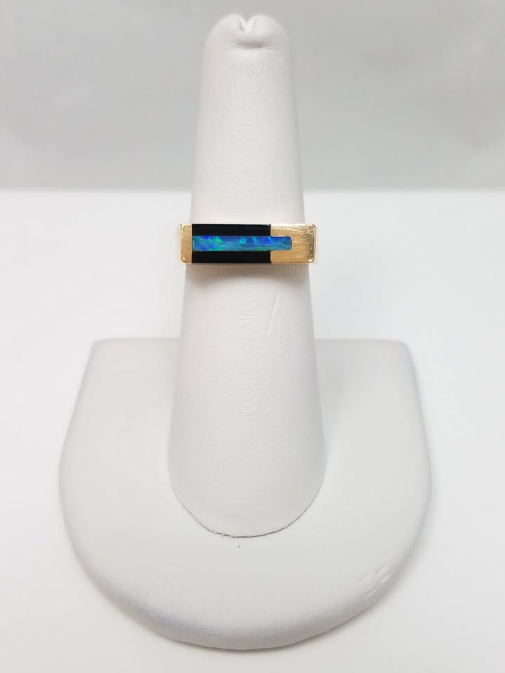 Magnificent 14k Yellow Gold Natural Opal Onyx Custom Ring Band