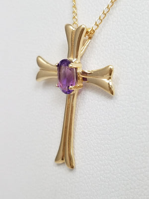 Sophisticated 18" 14k Yellow Gold Natural Amethyst Cross Pendant Necklace