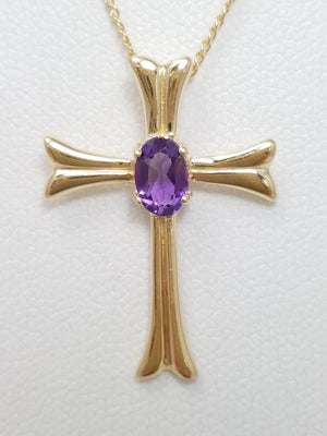 Sophisticated 18" 14k Yellow Gold Natural Amethyst Cross Pendant Necklace