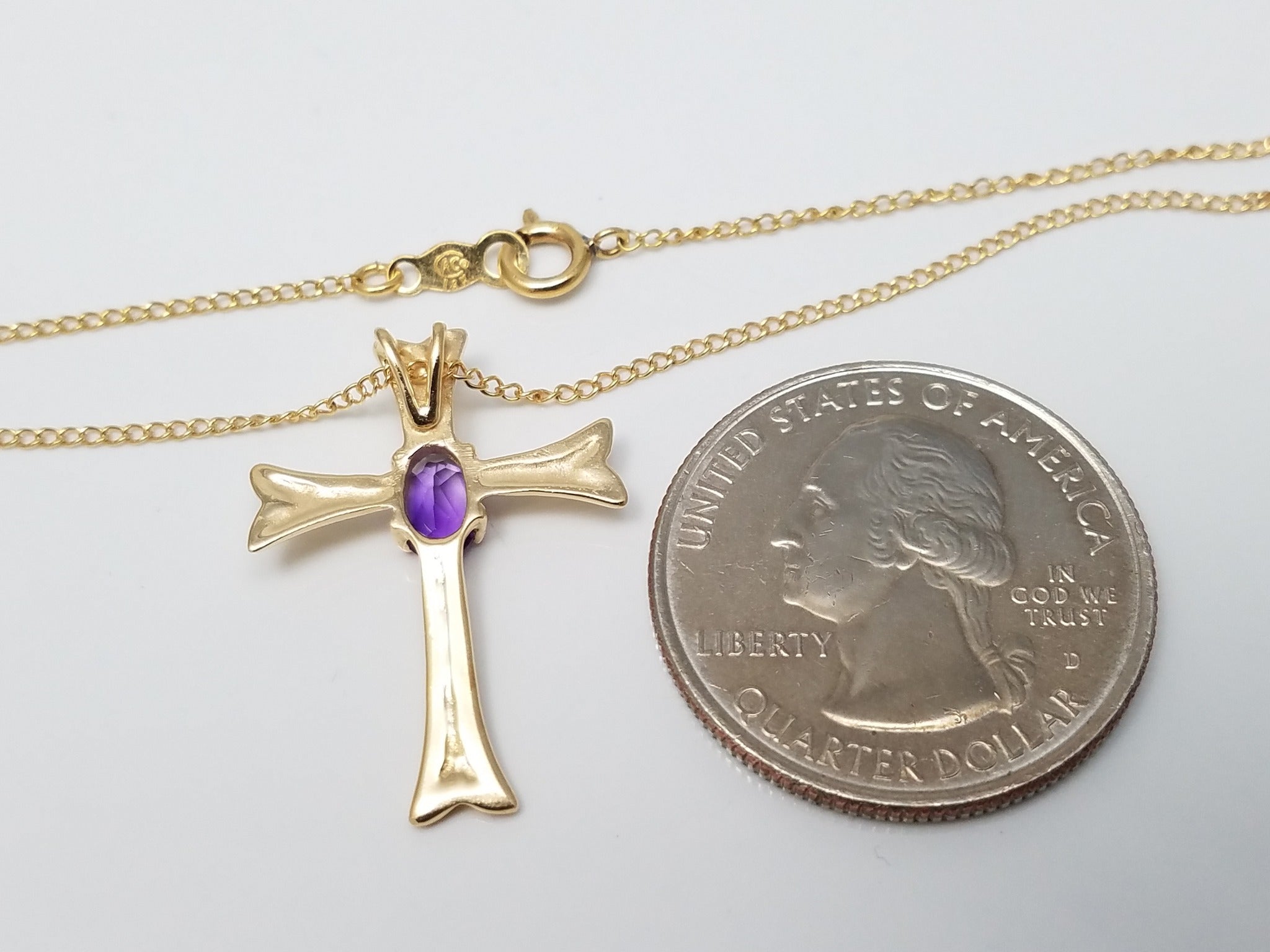 Sophisticated 18" 14k Yellow Gold Natural Amethyst Cross Pendant Necklace