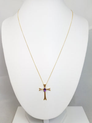 Sophisticated 18" 14k Yellow Gold Natural Amethyst Cross Pendant Necklace
