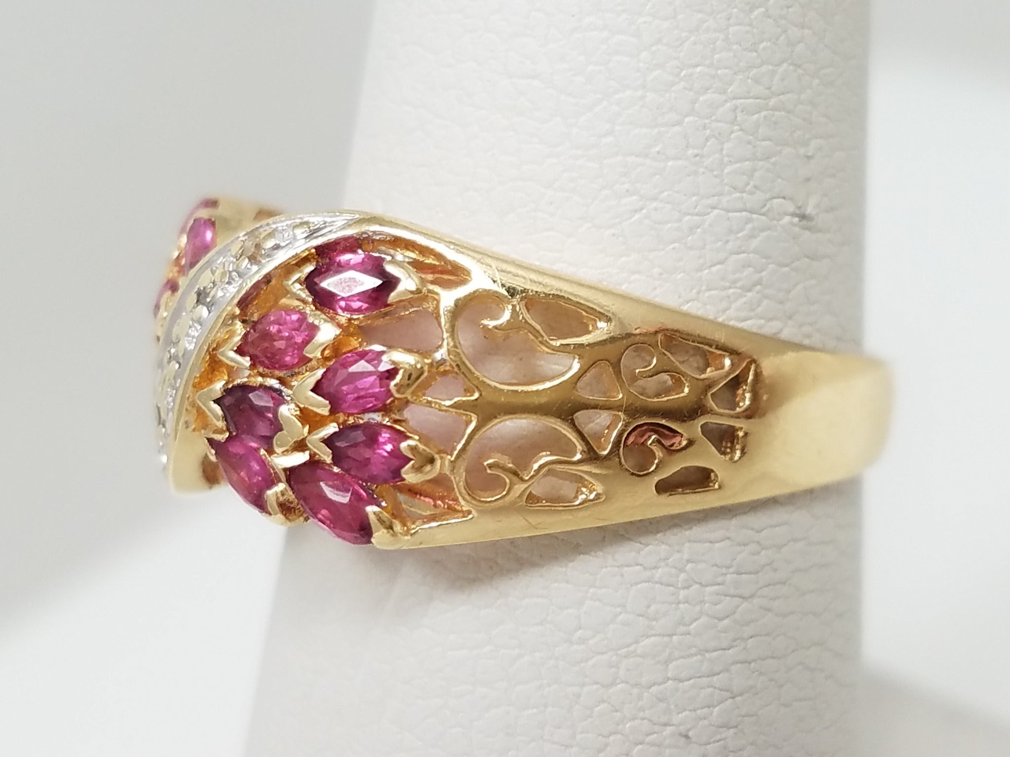 Vivid 14k Yellow Gold Natural Ruby Diamond Ring Band