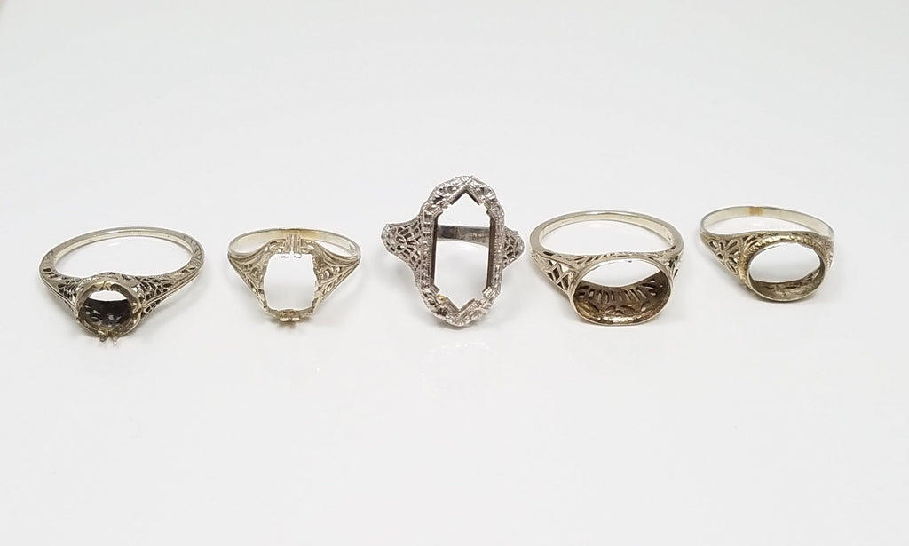 Five 1930's 14k White Gold Filigree Ring Mounts To Restore