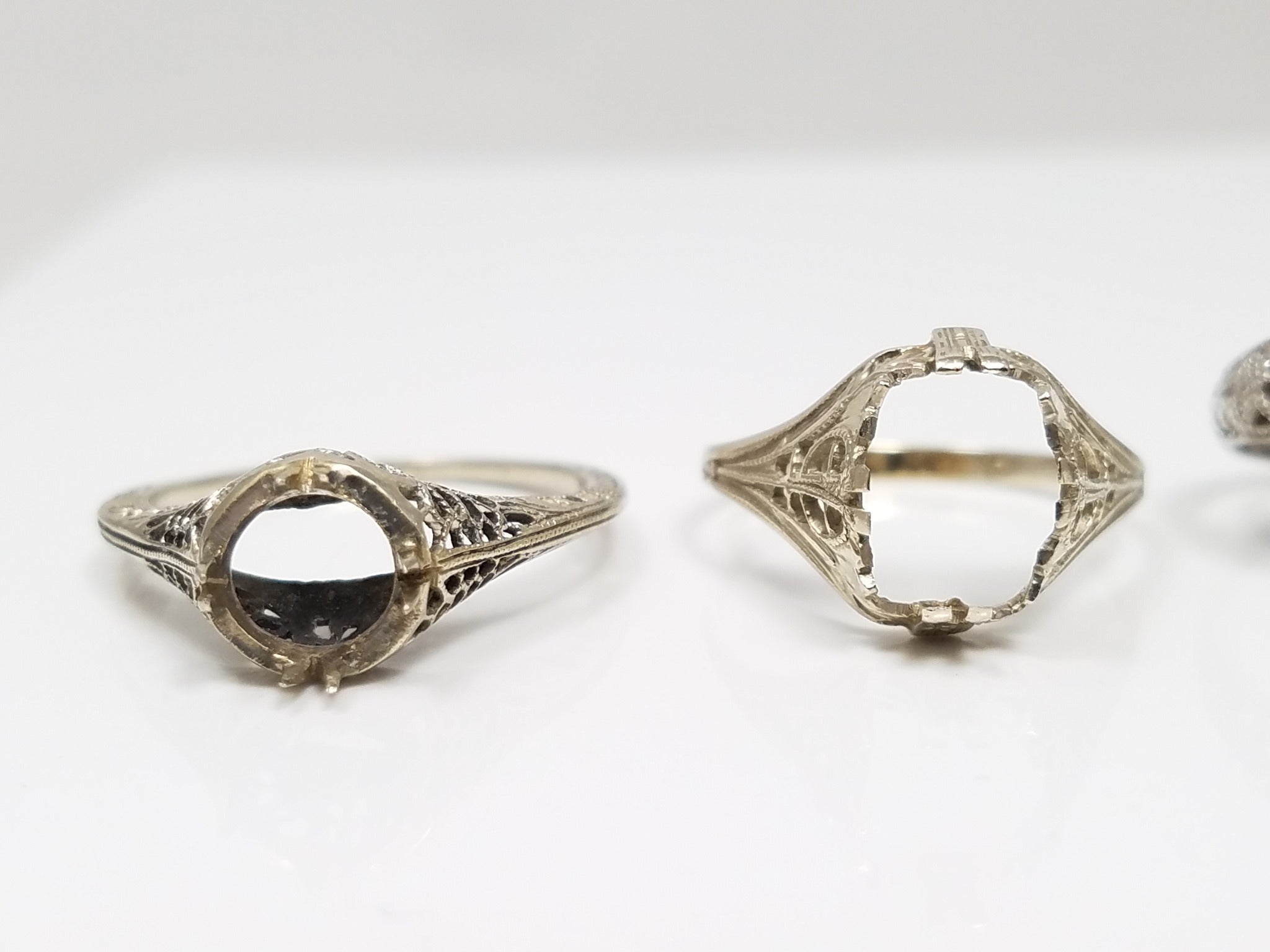 Five 1930's 14k White Gold Filigree Ring Mounts To Restore