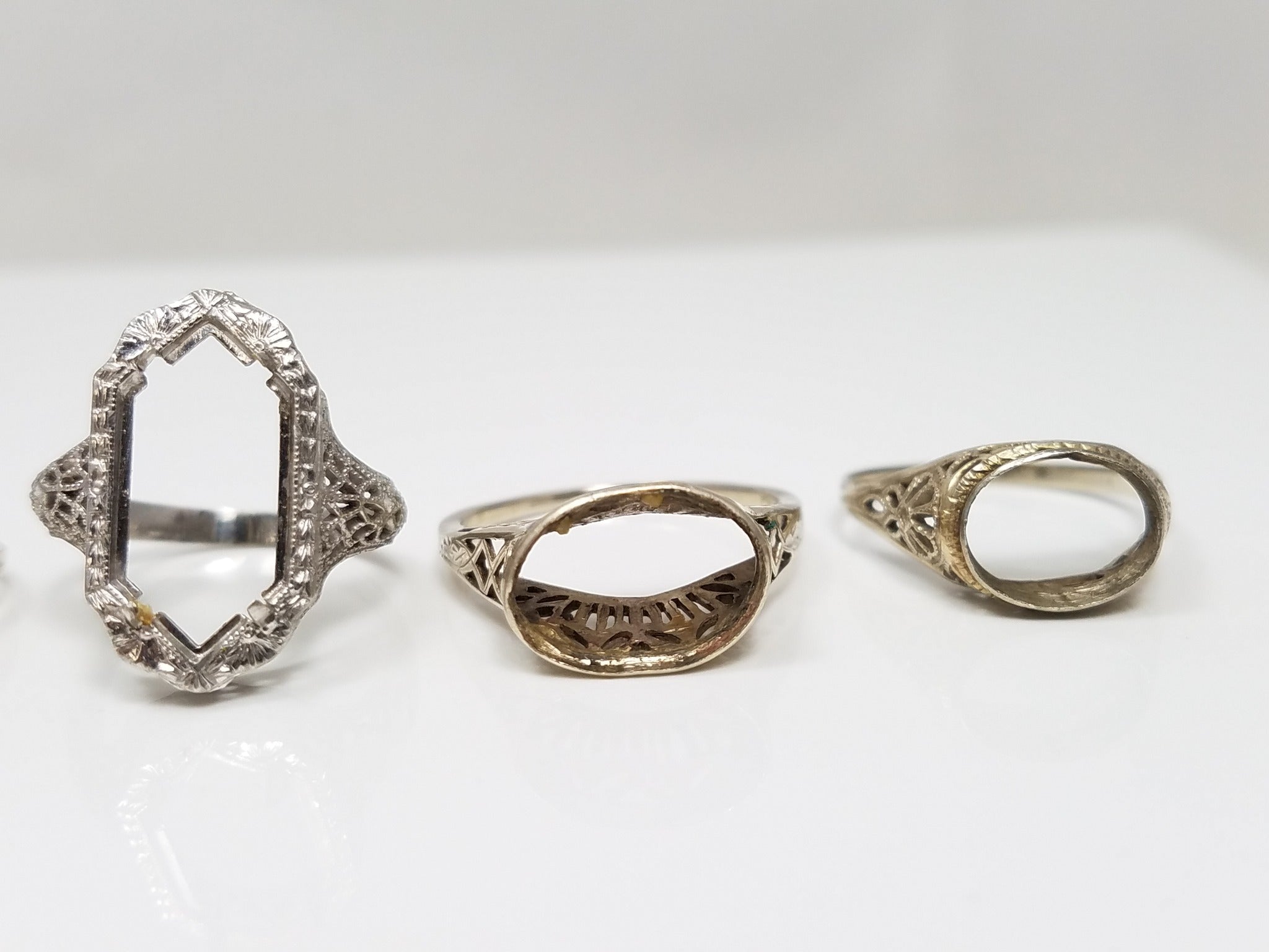 Five 1930's 14k White Gold Filigree Ring Mounts To Restore