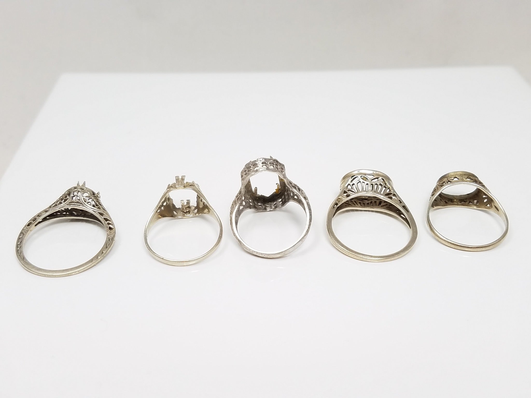 Five 1930's 14k White Gold Filigree Ring Mounts To Restore